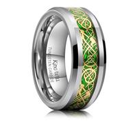 King Will Bague en tungstène argenté 8 mm, Alliance pour hommes avec incrustation d'opale verte et dragon doré, bords biseautés et nœud celtique, bague de mariage pour hommes et femmes, 56.9 (18.1)