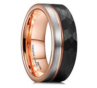 King Will Bague Homme Tungstène Carbure 8mm - Alliance Noire Martelée avec Rainure Centrale, Finition Mate, Intérieur Or Rosé, 59.4 (18.9)