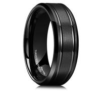 King Will Bagues en tungstène noir de 8 mm pour hommes, alliance masculine bicolore, bague de fiançailles cool avec 2 rainures centrales, lignes fines, finition mate et bords biseautés, 56.9 (18.1