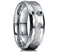 King Will Hammer 8mm Silver Tungsten Ring Hammered Multi-Faceted Men Wedding Band Polished Domed Brushed Step Edge Comfort Fit