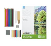 KINGART Kit professionnel de dessin et d'esquisse de 25 pièces avec bloc de dessin de 22,9 x 30,5 cm - Comprend 12 crayons de couleur, 8 pastels souples, estompe, gomme pétrie, taille-crayon et bloc