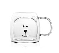 KINGBOO Cute Bear Double Walled Insulated Glass Cup Tea Coffee Glass Mug with Handle 8.5OZ Latte Cup clear