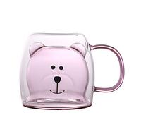 KINGBOO Cute Bear Double Walled Insulated Glass Cup Tea Coffee Glass Mug with Handle 8.5OZ Latte Cup pink