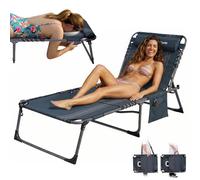 KingCamp Bain de Soleil Pliant avec Trou pour Visage et Bras 180 kg, Bleu | Transat de Jardin Pliable, 5 Positions Réglable, Anti-Pincement Appuie-Tête Poche, Chaise Longue Pliante, Jardin Camping