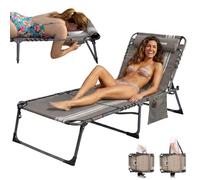 KingCamp Bain de Soleil Pliant avec Trou pour Visage et Bras 180 kg, Gris | Transat de Jardin Pliable, 5 Positions Réglable, Anti-Pincement Appuie-Tête Poche, Chaise Longue Pliante, Jardin Camping