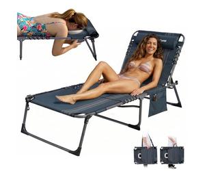 KingCamp Bain de Soleil Pliants avec Trou de Visage pour Lecture, 5 Positions Réglable, Chaise Longue inclinable Pliable, Lit de Camping Pliant, Transat de Relaxation pour Plage Jardin Camping Voyage