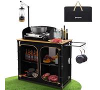 KingCamp Cuisine de Camping Pliable et Portable Meuble Cuisine Outdoor en Bambou/Aluminium avec Rangement, Paravent et Support Lampe, Évier Intégré, Idéal pour Vanlife, Camping, Pique-Nique et BBQ