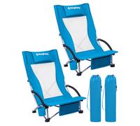 KingCamp Lot de 2 Chaise de Plage Pliable Charge Max 180 kg, Chaise Pliante de Plage Portable Légère, avec Dossier Haut en Maille et Assise Basse, Fauteuil de Camping Pêche avec Porte-gobelet, Bleu