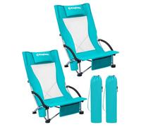 KingCamp Lot de 2 Chaise de Plage Pliable Charge Max 180 kg, Chaise Pliante de Plage Portable Légère, avec Dossier Haut en Maille et Assise Basse, Fauteuil de Camping Pêche avec Porte-gobelet, Cyan