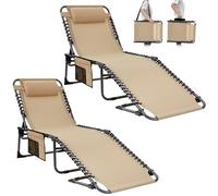 KingCamp Lot de 2 Longue Bain de Soleil Pliants, Chaise de Jardin Pliable, Lit de Camping Pliant avec Oreiller et Poche Charge Max 180kg Transat Pliable pour Plage Jardin Camping Voyage 190x59x34cm