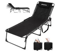 KingCamp Rembourré Bain de Soleil Pliant 5 Positions Réglable 200kg, Noir | Oversized Chaise Longue Inclinable Pliable pour Jardin, Anti-Pincement Appuie-Tête Poche, Transat pour Patio Plage 200x68 cm