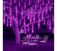 KINGCOO 240LED Météore Douche Solaire Lumineux Jardin, Etanche 30cm 10Tube Pluie Goutte D'eau Cascading Décoratif Guirlandes Lumières avec Télécommandée pour Extérieure Fête Mariage Noël (Violet)