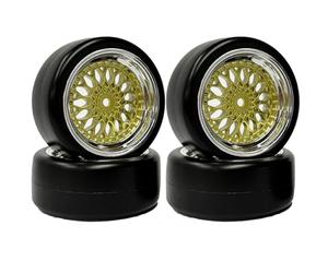 KINGCOO 4PCS 63mm RC Roues en Plastique et Pneus,Plaqué Rayons Roues Jantes et Pneus Durs Véhicules Pièce pour 1/10 RC on Road Racing Drift Car pour Tamiya Kyosho HPI HSP (Or Argent, Décalage:9mm)