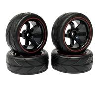 KINGCOO 4PCS RC Pneus de Voiture sur Route,64mm Pneus en Caoutchouc Jantes Hex de 12MM pour 1/10 RC sur Route Run-Flating Touring Racing Car pour HSP HPI Kyosho Tamiya (6Rayons-Noir Rouge)