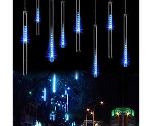 KINGCOO LED Météore Douche Solaire Lumineux Jardin, Etanche Goutte D'eau Chute Cascading 30cm 10 Tubes 360LEDs Décoratif Guirlandes Lumières pour Fête Vacances Noël Décorat (Bleu)