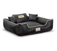 KingDog Lit pour chien en cuir synthétique noir avec coussin, 75 x 65 cm, lit pour petits chiens, personnalisé avec le nom de votre chien, amovible avec fermeture éclair, panier pour chien