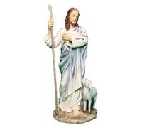 Kingdom Supplies Biblegifts Statue de Jésus Bon Berger 28 cm de haut peinte à la main en résine peinte à la main avec un mouton à ses pieds.