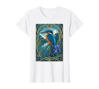 Kingfisher Bird Art Nouveau Fleur d'iris T-Shirt Graphique avec Valeur, Femme, Blanc, M