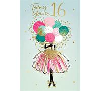 Kingfisher Cards Milestone Carte d'anniversaire pour 16 ans - De la gamme Shimmer - Fille avec jupe rose et ballons - Finition feuille d'or - Pour elle