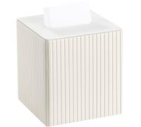KINGFOM Boîte à mouchoirs carrée en cuir synthétique moderne pour salle de bain, comptoir de coiffeuse, tables de nuit, bureau (bandes blanc cassé)