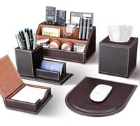 KINGFOM Ensemble d'accessoires de bureau brun, 5 pièces en PU cuir avec organisateur de bureau, boîte à mouchoirs cosmétiques, tapis de souris, porte-stylos avec étui à cartes de visite et boîte à
