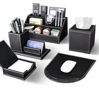 KINGFOM Ensemble d'accessoires de bureau noir, 5 pièces en PU cuir avec organisateur de bureau, boîte à mouchoirs cosmétiques, tapis de souris, porte-stylos avec étui à cartes de visite et boîte à