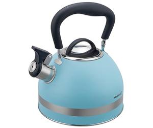Kinghoff KH-1857 Bouilloire sifflante en acier inoxydable avec poignée rétractable pour toutes les plaques de cuisson, 1,8 l, bleu mat