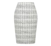 Kinghua Jupe crayon en laine à carreaux pour femme - Taille haute - Coupe moulante - Longueur genou, Tweed blanc, XX-Large
