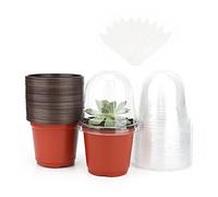 KINGLAKE 32 Pieces Petit Pot Plante semis Pot de Fleurs en Plastique Godets repiquage, Marron avec Couvercle Transparent et 10 étiquettes de Plantes en Plastique 10 x 2cm