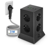 Kinglink Multiprise verticale 8 prises USB C, adaptateur avec interrupteurs, prises plates, protection surtension 3 m pour famille, cuisine et bureau, noir