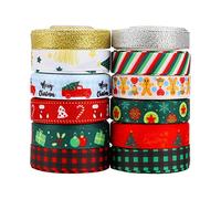 Kingovalley Lot de 12 rouleaux de ruban de Noël en satin gros grain imprimé doré et argenté métallisé à paillettes pour emballage cadeau, bricolage, travaux manuels, décoration de vacances d'hiver