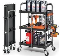 KINGRACK Chariot à roulettes 3 Niveaux poignée Ergonomique, Chariot de Service Pliable avec étagère organisatrice, idéal pour la Maison, Le Bureau, Le Garage, l'entrepôt l'atelier de réparation, Noir
