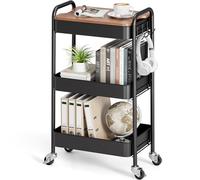 KINGRACK Chariot à Roulettes à 3 Niveaux, Métal avec Plateau en Bois Amovible, Rangement, Noir