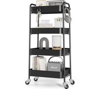 KINGRACK Chariot de cuisine en métal à 4 niveaux avec roulettes - Chariot de service et chariot polyvalent pour cuisine, salle de bain, bureau - Sans vis, facile à monter (noir)