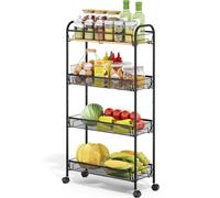 KINGRACK Chariot de Cuisine étroit à 4 Niveaux avec roulettes avec Plateau en Bois et paniers coulissants, Chariot en métal pour pièces étroites dans la Cuisine, la Salle de Bain, Le dortoir et la