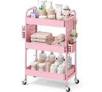 kingrack Chariot de Rangement à roulettes 3 Niveaux avec Panneau DIY - Chariot de Rangement Métal Multifonction avec Poignée, Paniers et Crochets - pour Salle de Bain, Cuisine, Bureau, Rose