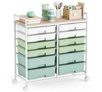 KINGRACK Chariot de Rangement à Roulettes Avec 12 Tiroirs et Plan de Travail en Bois, Commode Pour Salle de Bains, Cuisine, Salon et Bureau (Vert)