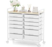 KINGRACK Chariot de Rangement à Roulettes Avec 12 Tiroirs et Plan de Travail en Bois, Commode Pour Salle de Bains, Cuisine, Salon et Bureau (Blanc)