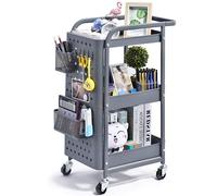 Kingrack Desserte à Roulettes 3 Niveaux, Panneau Perforé Bricolage avec Crochets et Panier, Voiture de Stockage Multifonctionnelle, Gris