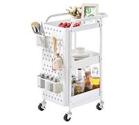 Kingrack Desserte à Roulettes 3 Niveaux, Panneau Perforé Bricolage avec Crochets et Panier, Voiture de Stockage Multifonctionnelle, Blanc