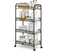 kingrack Desserte à roulettes étroit à 4 Niveaux - Chariot Métallique avec Plateau de Table Bois et Panier Filet - pour Cuisine, Salle de Bain, Chambre en Espace Confiné, Noir
