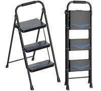KINGRACK Échelle 3 marches, Larges marches antidérapantes et Main Courante | Capacité de 150 kg, escabeau pliable en acier, léger et portable, gain de place pour maison, cuisine, bureau, garage