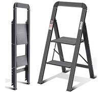 KINGRACK Escabeau 2 marches Aluminium, Pliant avec Main Courante, de Maison antidérapant avec sécurité Pliante, en Aluminium, Charge maximale 150 kg, Noir