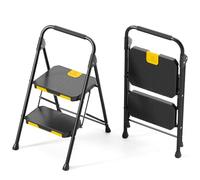KINGRACK Escabeau 2 Marches avec Verrouillage de sécurité, Large Pédale Antidérapante, Escabeau Pliable avec Mains Courantes, Échelle Domestique pour Maison, Cuisine, Bureau, Léger Portable, Noir