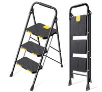 KINGRACK Escabeau 3 Marches avec Verrouillage de sécurité, Large Pédale Antidérapante, Escabeau Pliable avec Mains Courantes, Échelle Domestique pour Maison, Cuisine, Bureau, Léger Portable, Noir