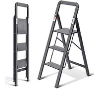 KINGRACK Escabeau, 3 marches, escabeau Pliant avec Main Courante, escabeau de Maison antidérapant avec mécanisme Anti-Pliage, Tabouret de Marche en Aluminium, Charge maximale 150 kg, Noir