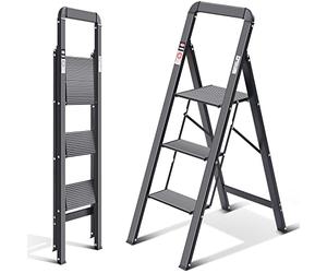 KINGRACK Escabeau, 3 marches, escabeau Pliant avec Main Courante, escabeau de Maison antidérapant avec mécanisme Anti-Pliage, Tabouret de Marche en Aluminium, Charge maximale 150 kg, Noir