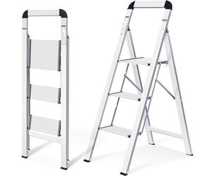KINGRACK Escabeau, 3 marches, Escabeau Pliant avec Main Courante, Escabeau ménager antidérapant avec sécurité Pliante, Escabeau en Aluminium, Charge maximale 150 kg, 3 marches argenté