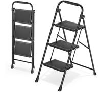KINGRACK Escabeau 3 Marches, Escabeaux Pliant avec Marchepied Antidérapant et Large, Petit Echelle avec Poignée, Marchepied en Acier Robuste, Léger et Portable, Noir