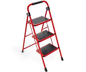 KINGRACK Escabeau 3 Marches, Escabeaux Pliant avec Marchepied Antidérapant et Large, Petit Echelle avec Poignée, Marchepied en Acier Robuste, Léger et Portable, Rouge